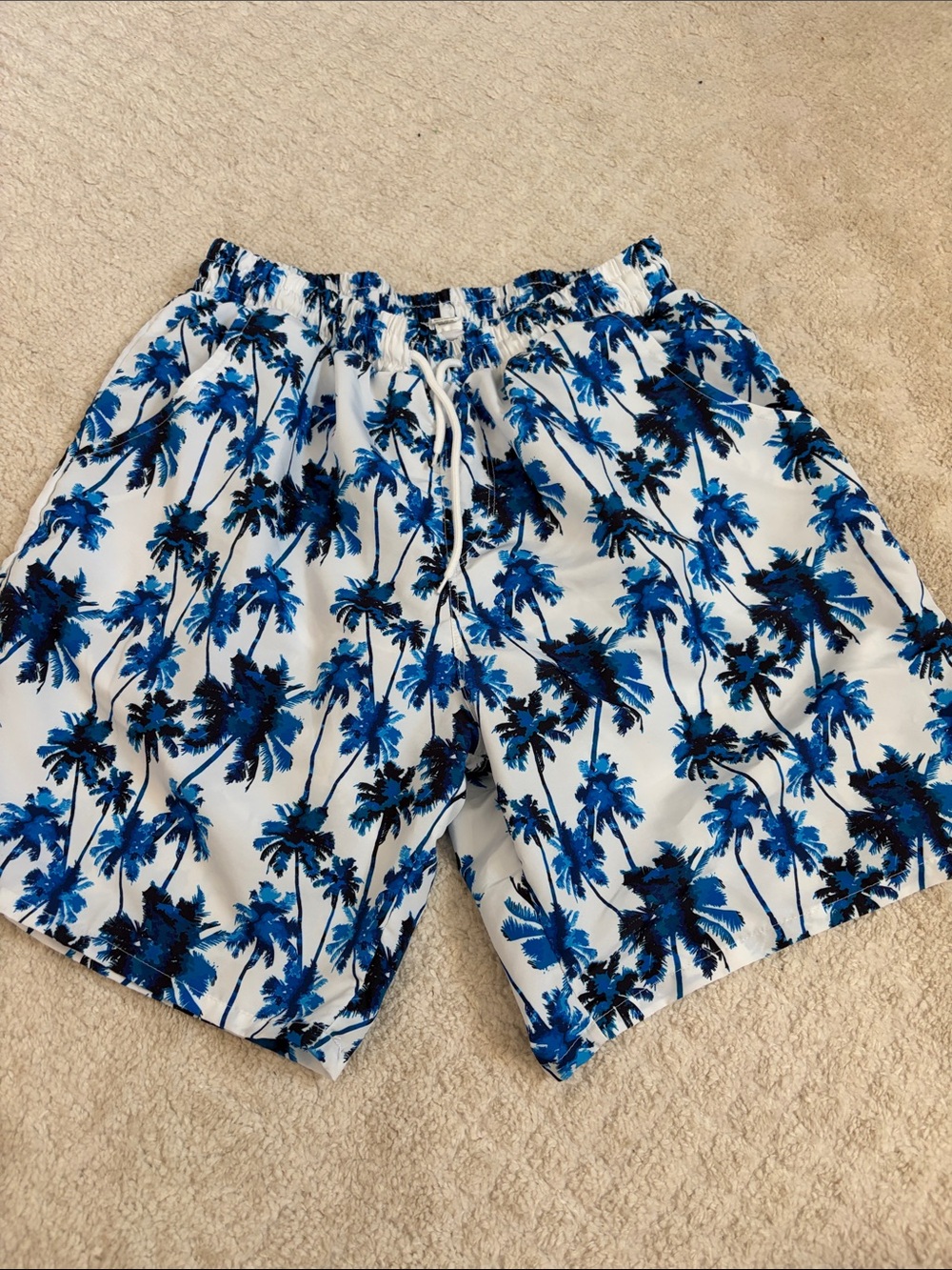Men's White Swim Trunks with Blue Palm Print